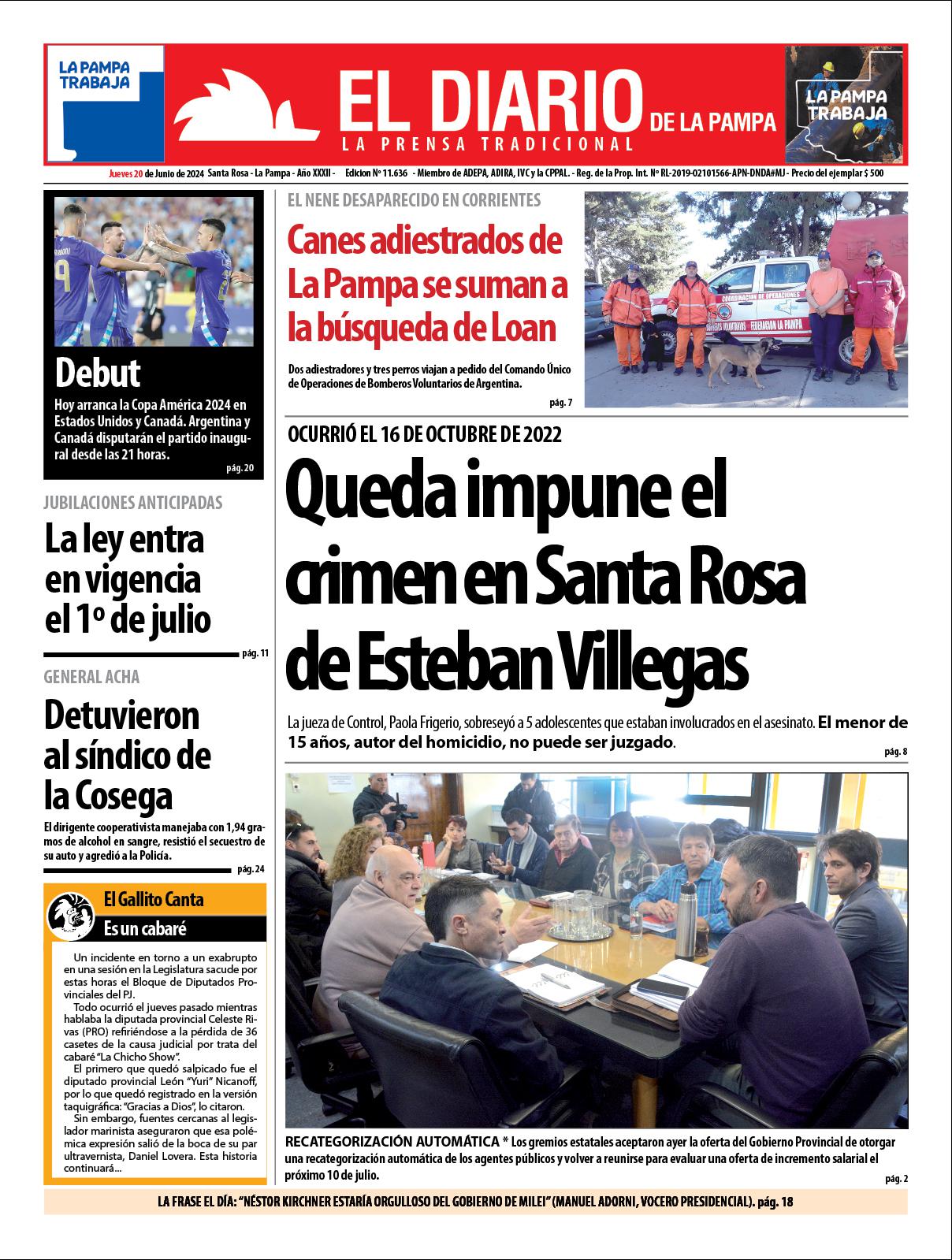 Tapa de El Diario en papel  jueves 20 de junio de 2024